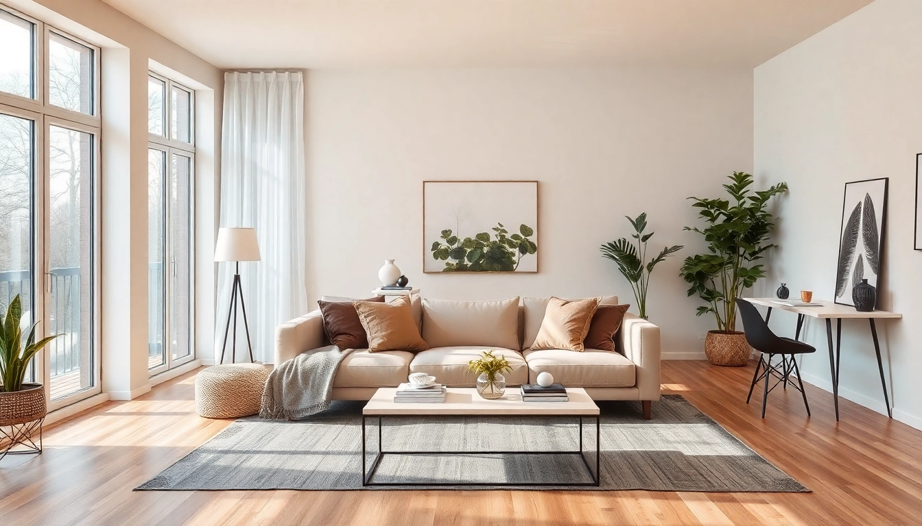Eine stilvolle Raumgestaltung mit hellem Wohnzimmer, großen Fenstern und einem modernen Sofa.