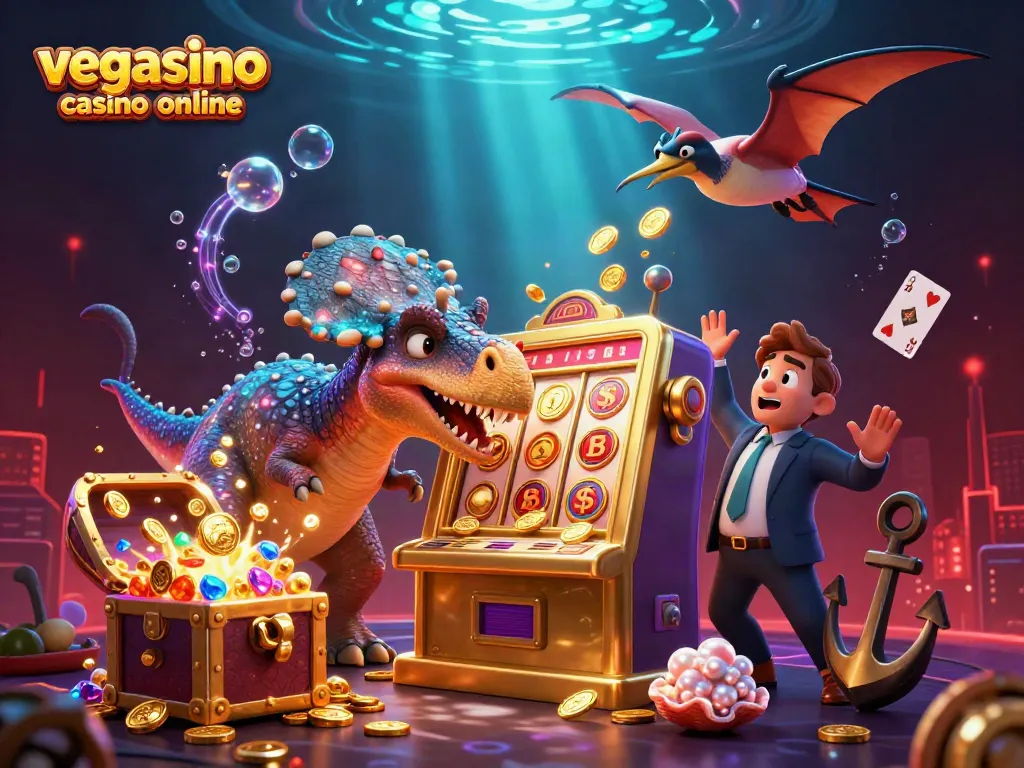 Engaging scene of vegasino casino online with dinosaur characters celebrating jackpot wins amidst golden coin chaos.