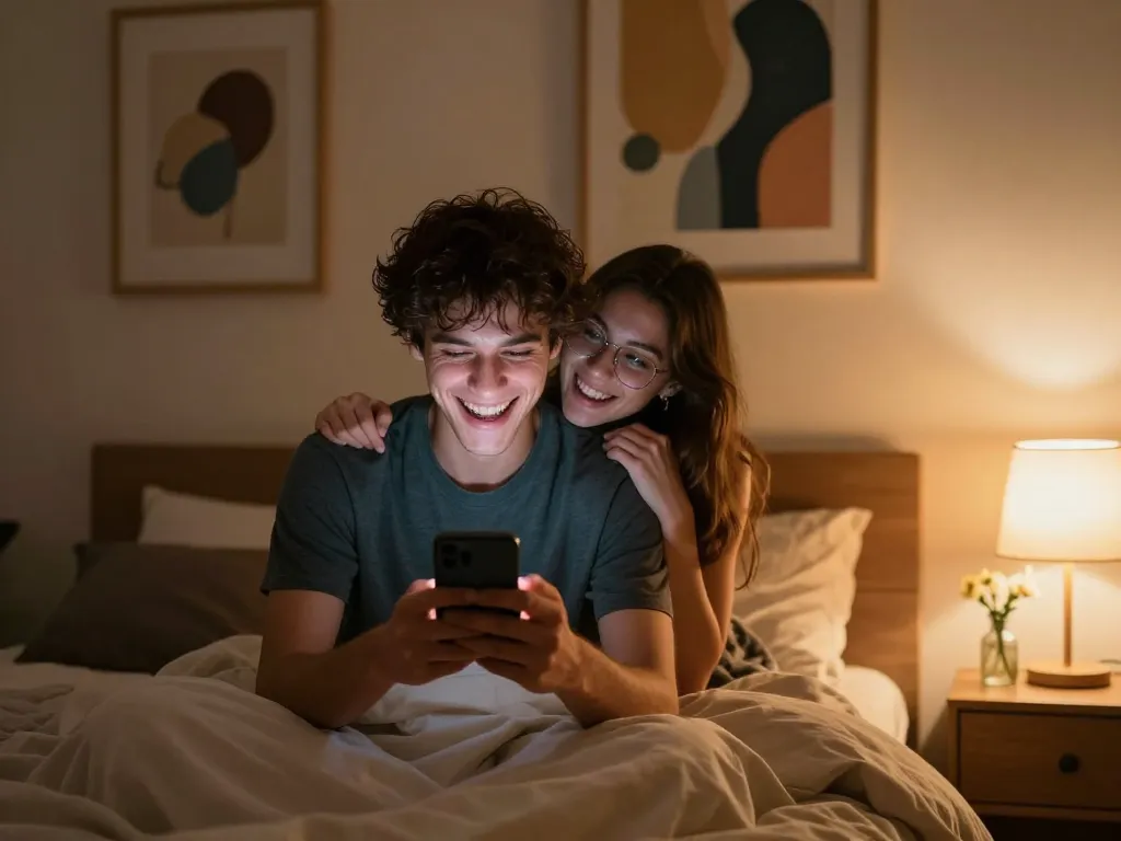 Couple enjoying sexting AI interaction in a cozy bedroom, capturing modern intimacy.