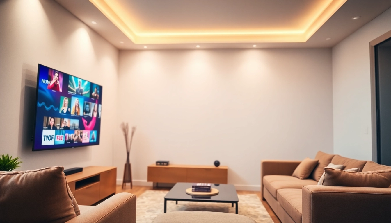Iptv Deutschland in einem modernen Wohnzimmer mit einem hochauflösenden Fernseher, der lebendige Inhalte zeigt.