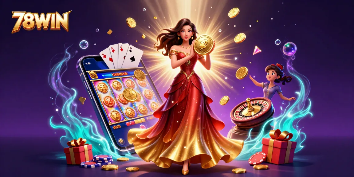 Experience the thrill of 78WIN as golden coins and gems rain down from the vibrant scene.