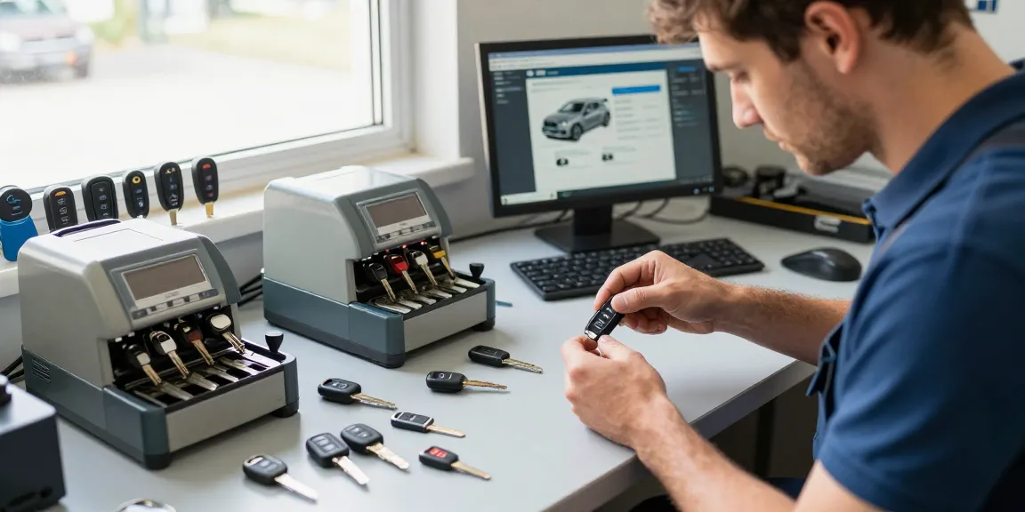 Professioneller Prozess zum Nachmachen von Autoschlüsseln in einer gut beleuchteten Werkstatt.