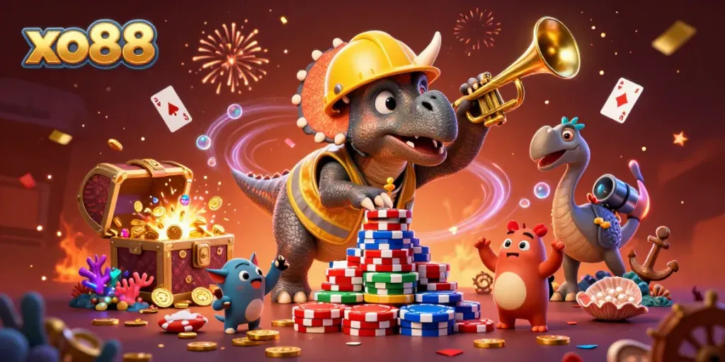 Cheerful celebration at the xo88 casino with cartoon dinosaurs and poker chips.