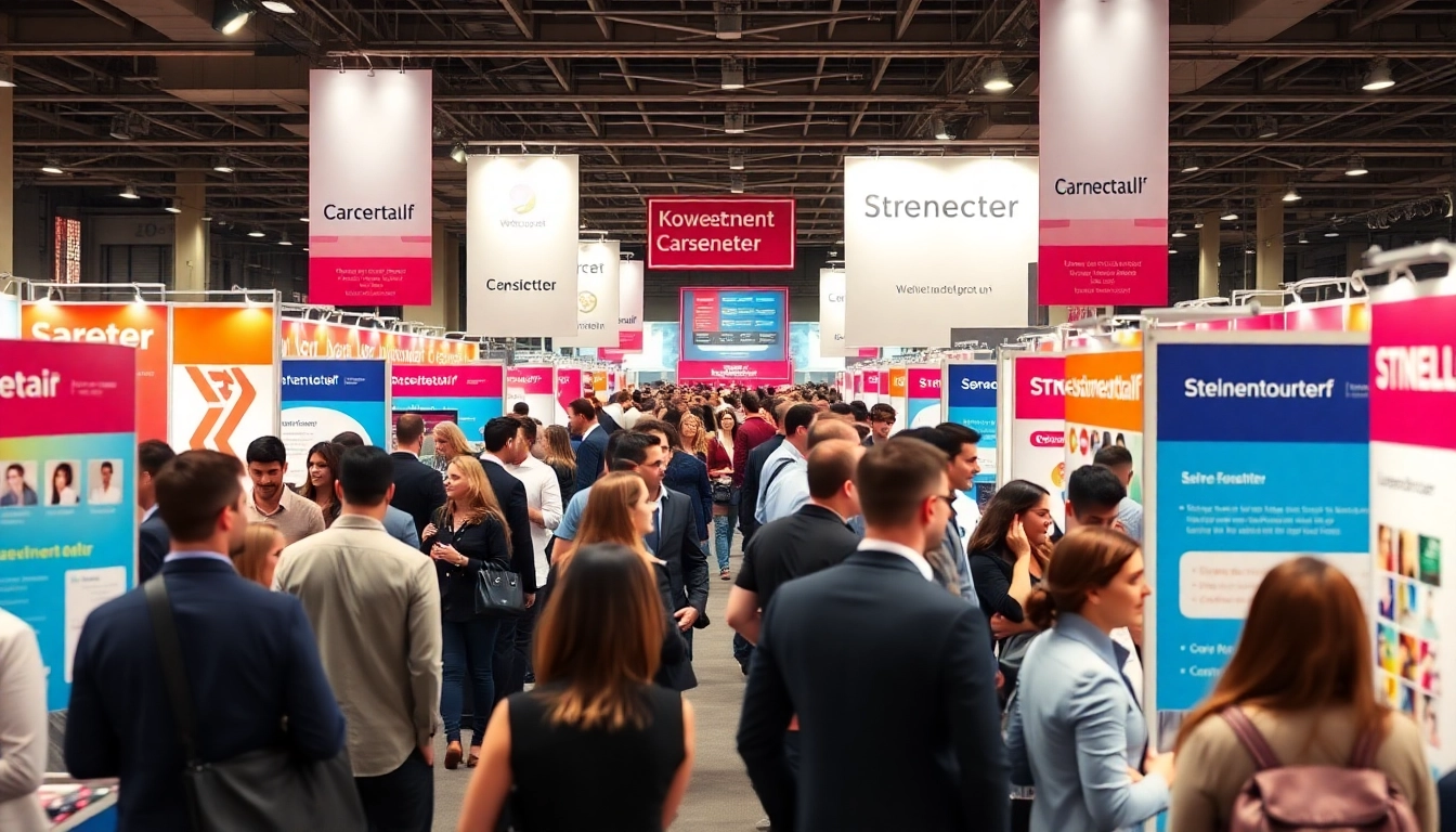 Engaged attendees exploring Stellenangebote at a vibrant career fair with banners and networking opportunities.