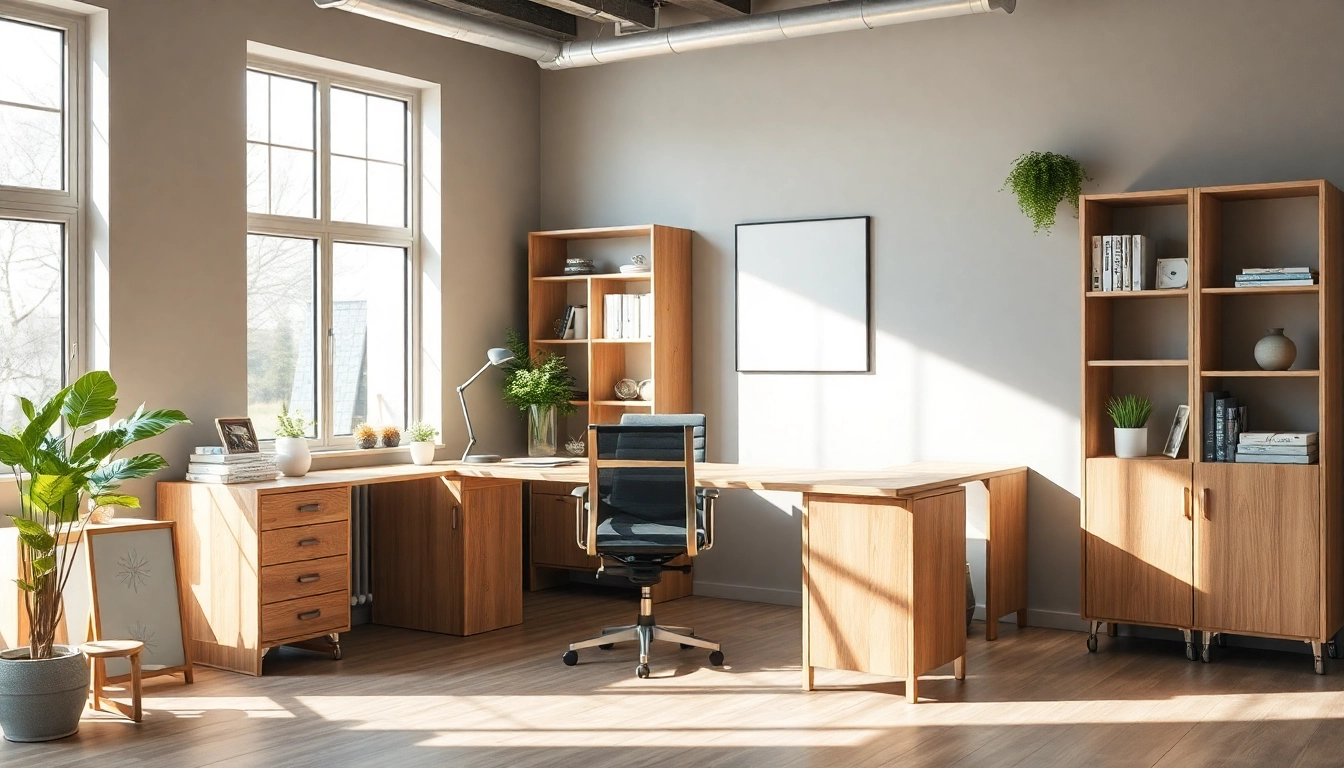 Büromöbel in einem modernen Büro-Setup mit ergonomischem Schreibtisch und Stuhl, ideal für Produktivität.