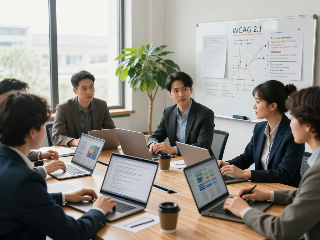 Branchenlösungen – Übersicht in a collaborative business consulting environment showing a diverse team engaging in compliance and accessibility discussions.