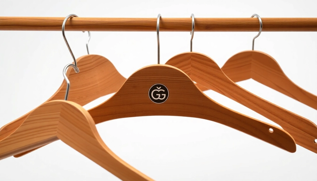 Showcase Kleiderbügel mit eigenem Logo featuring elegant wood design and branding options for personalization.