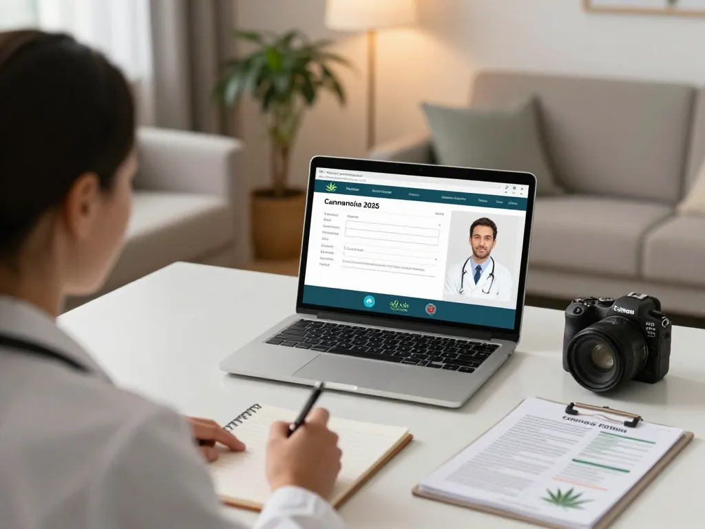 Szene einer Cannabis auf Rezept Beratung, in der ein Gesundheitsdienstleister einen Patienten durch Telemedizin für Online-Rezepte führt.