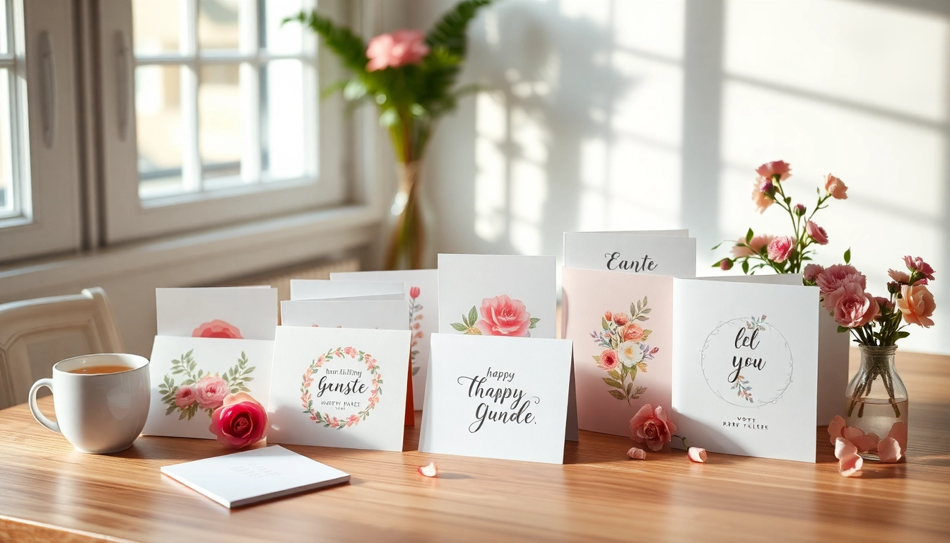 Wunderschöne Grußkarten online kaufen - Elegante Designs und kreative Stile auf einem Tisch mit weichem Licht.