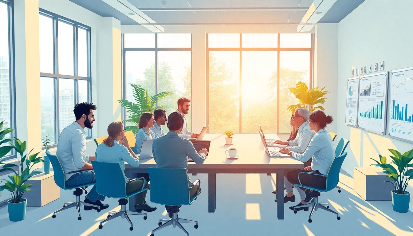Team collaboration in a pflegemarketing agentur office with modern technology.