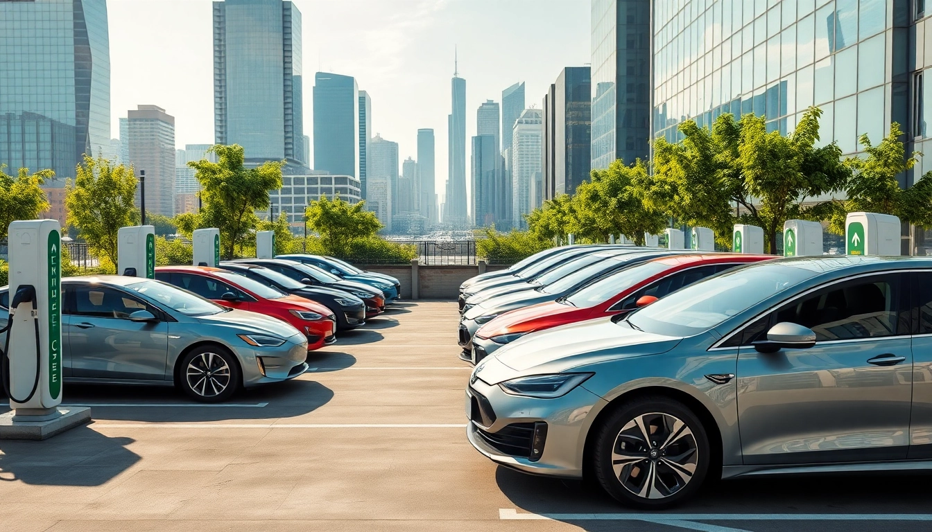 Die Elektroautos an einer modernen Ladestation in der Stadt zeigen umweltfreundliche Mobilität.