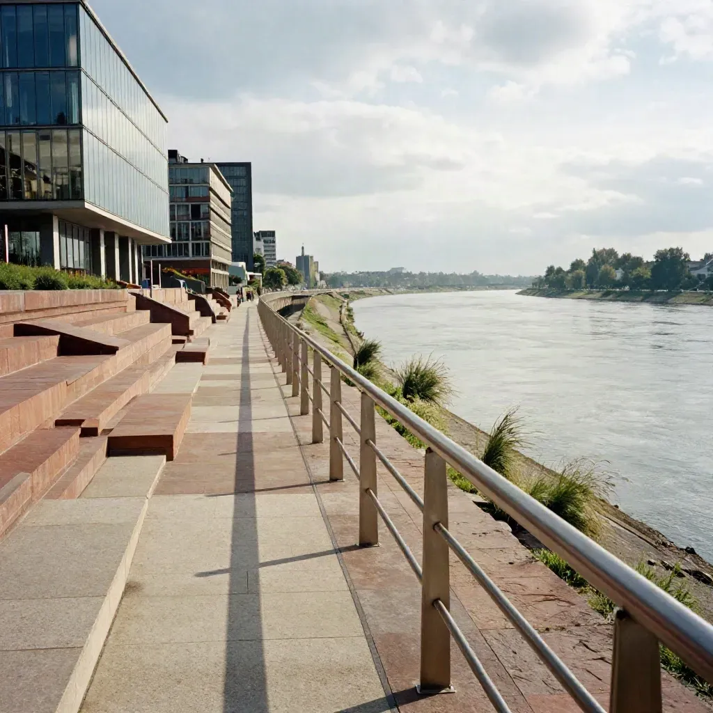 Bonn: Uferpromenade, Bundesviertel-Fassaden und silbrig glitzernder Rhein im Abendlicht.
