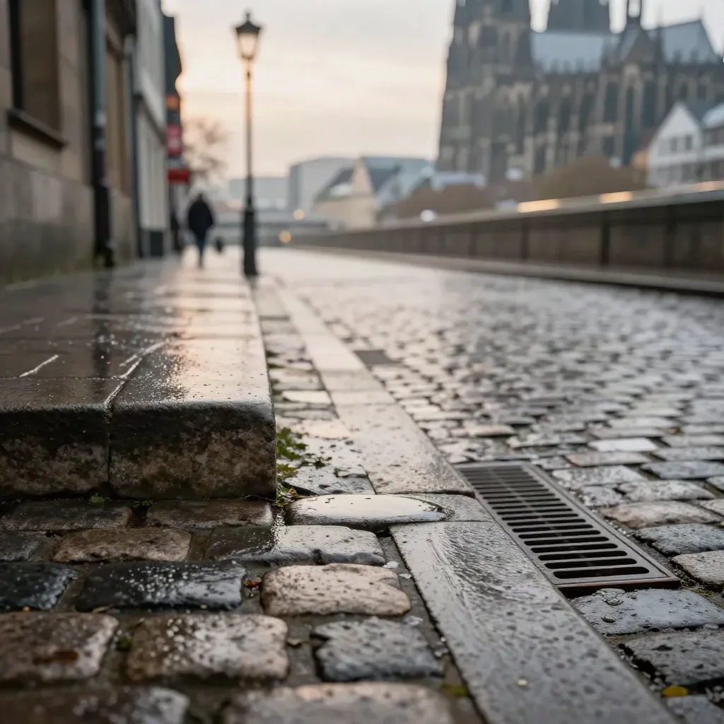 Nasse Pflastersteine am Kölner Dom, der Weg in die Altstadt öffnet sich im Abendlicht.