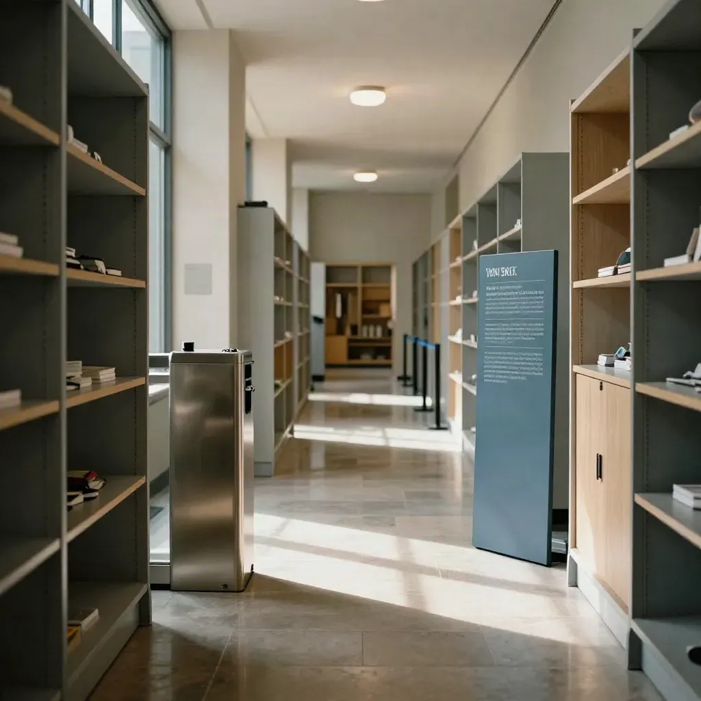 Leerer Museumseingang mit Garderobe, offenem Zugang und Licht auf dem Boden.