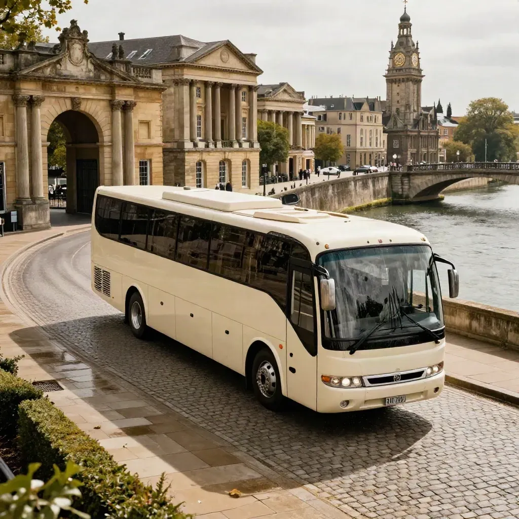 Hochwinkel auf einen historischen Reisebus in einer Altstadt-Schleife am Wasser