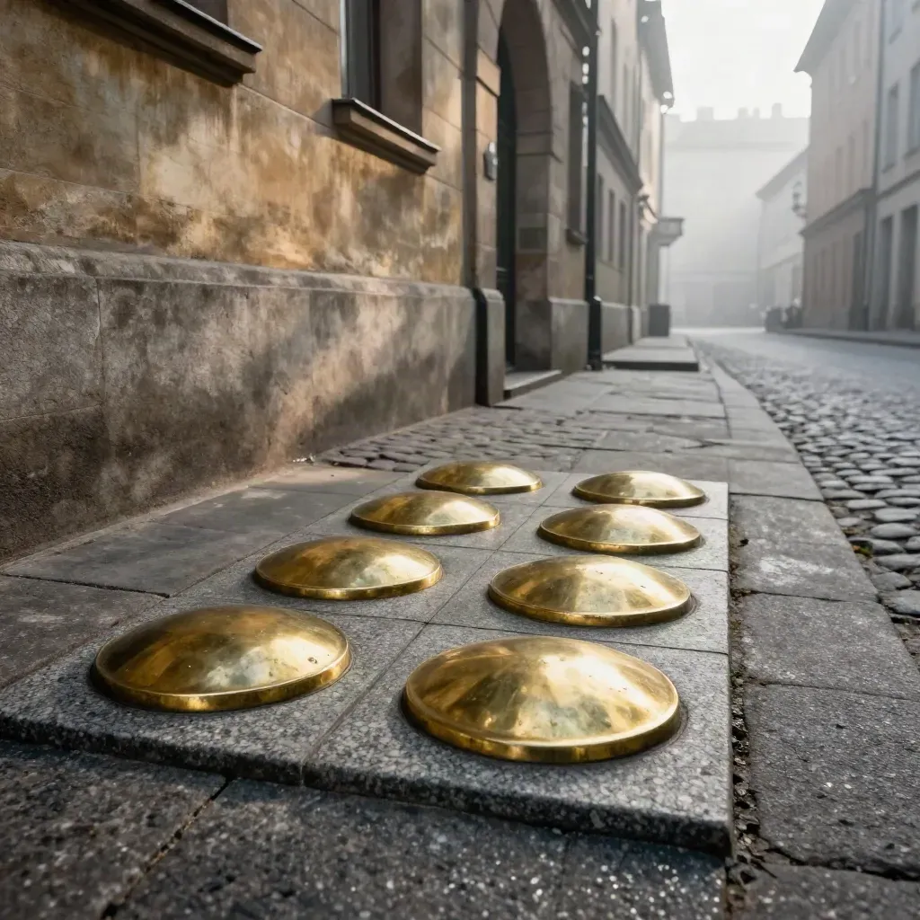 Brassene Stolpersteine vor Altbaufassade in einer stillen Gasse im Morgennebel