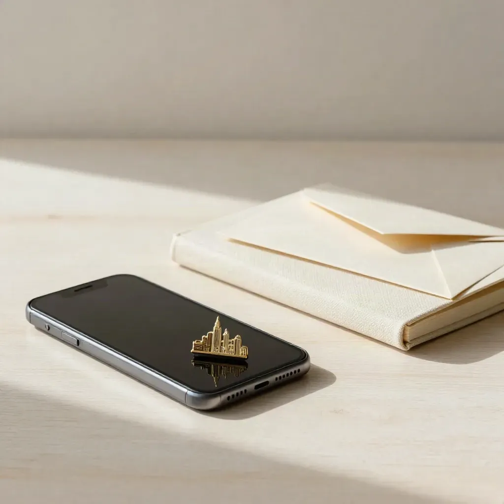Smartphone, Messing-Pin, cremefarbenes Notizbuch und versiegelter Umschlag auf hellem Holz.
