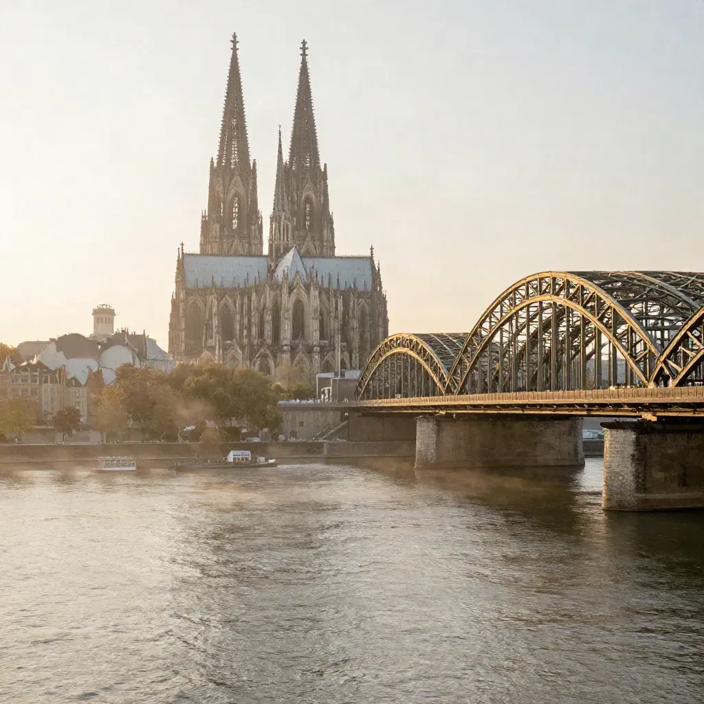 Kölner Dom und Hohenzollernbrücke im Morgenhaze über dem Rhein.