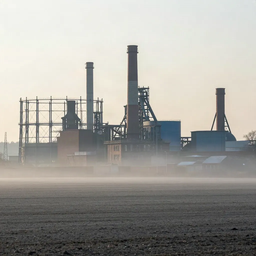 Ruhr-Industrieskyline im Dunst mit Gasometern, Backstein und ruhiger Ebene im Vordergrund