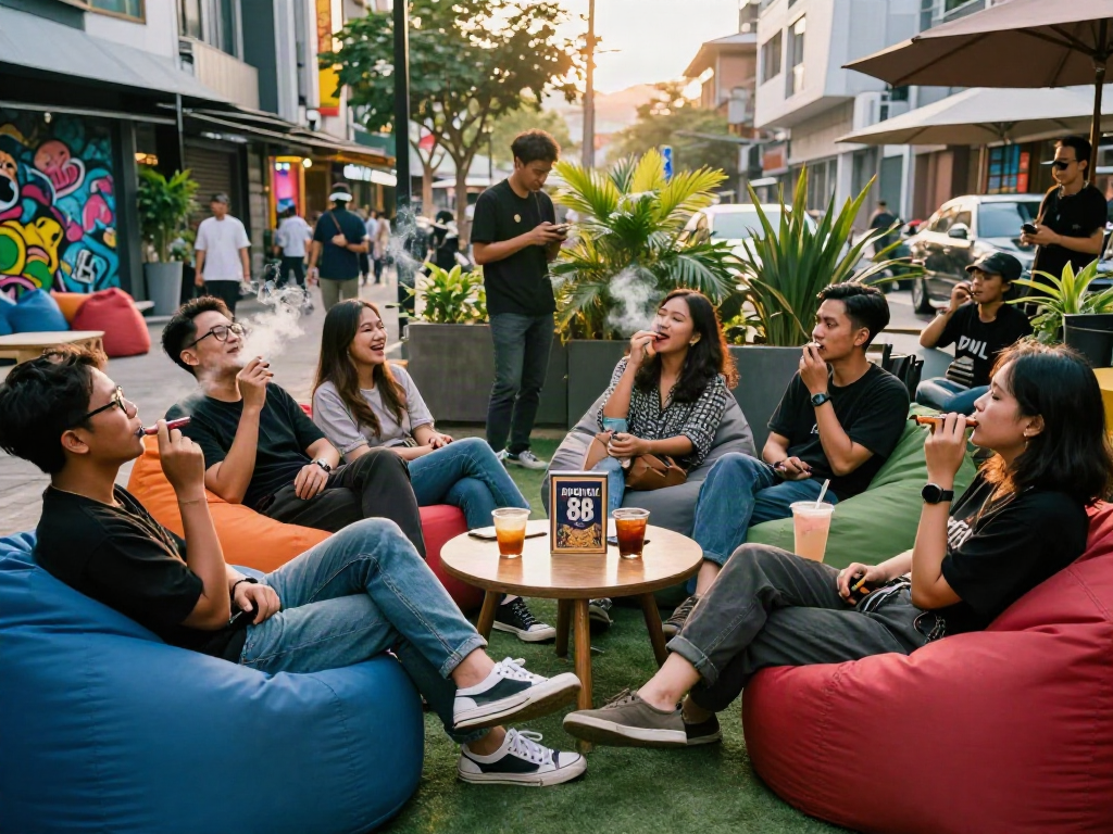 Group enjoying rokok 88 in a lively urban setting, capturing camaraderie and vibrant lifestyle.