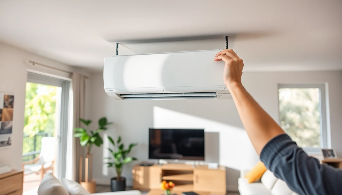 Klima installieren: Professional installation of a sleek air conditioning unit in a bright living room, enhancing comfort.