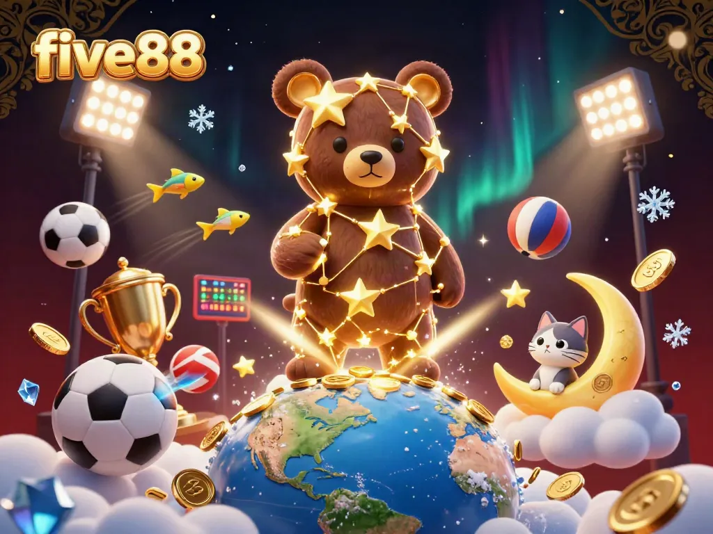 Experience the excitement of betting on five88 with golden stars, sports balls, and shimmering coins in a vibrant casino atmosphere.