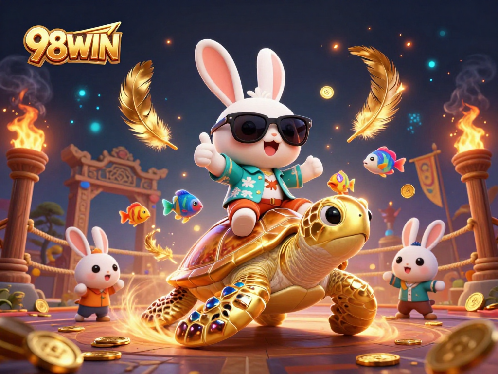 Experience thrilling gaming with 98WIN’s cartoon lucky rabbit on a golden sea turtle, celebrating wins!