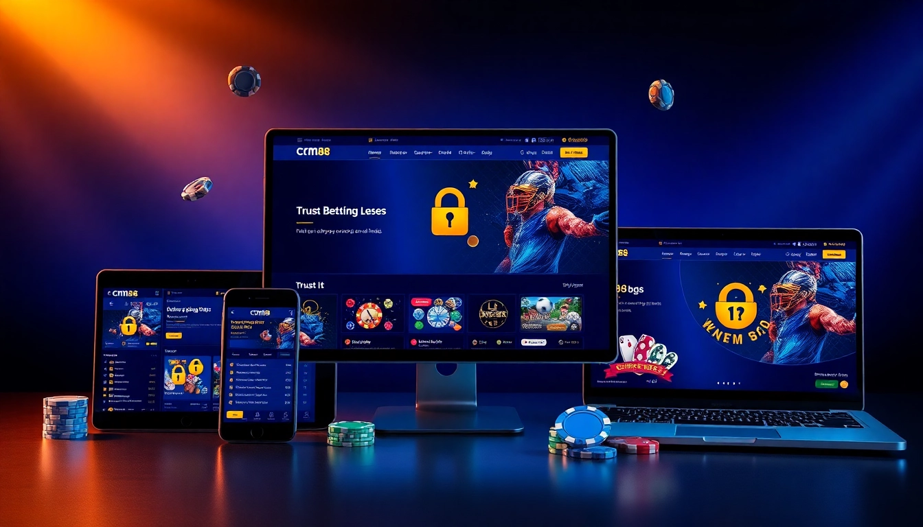 CM88 online betting platform interface showcasing security features and game variety on multiple devices.