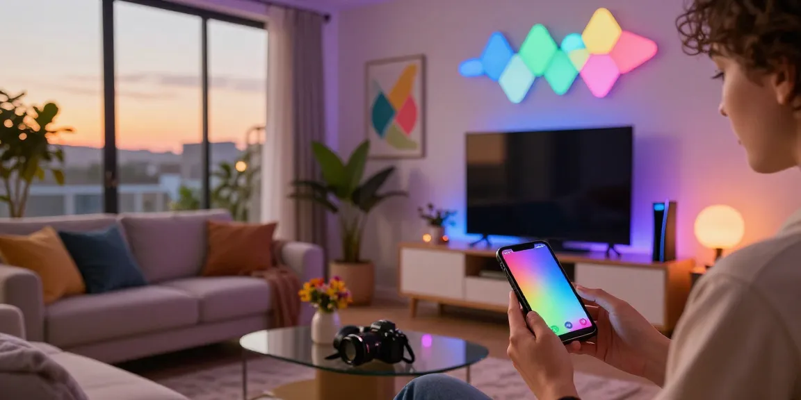 Nanoleaf Lines Test illuminating a modern living room with RGB colors