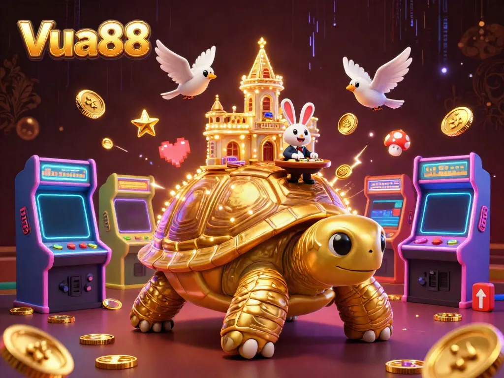 Experience vibrant games at Vua88, highlighted by a glorious tortoise casino under dynamic lighting.