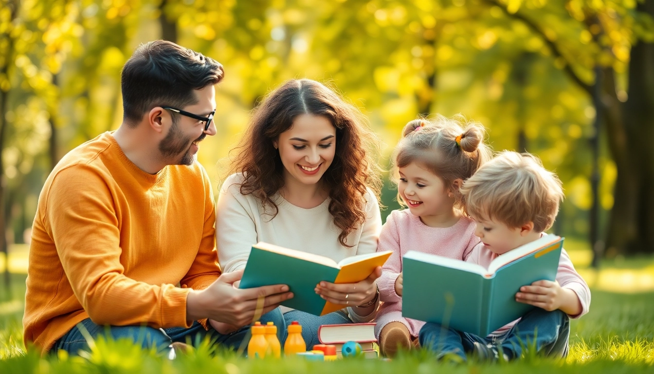 Kindererziehung: Eltern und Kinder genießen spielerisch gemeinsam einen sonnigen Tag im Park.