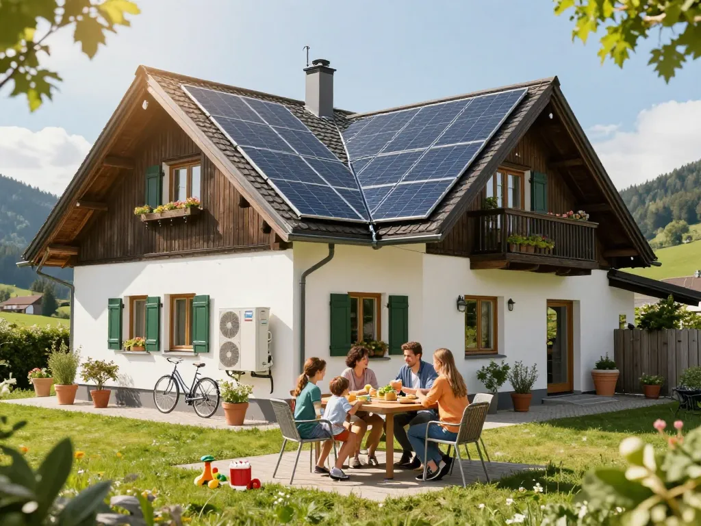 Installation von Photovoltaik Bayern in einem Haus, das Solarpanels und eine Wärmepumpe zeigt und nachhaltiges Wohnen verkörpert.