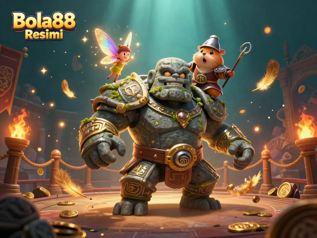 Experience thrilling adventures with Bola88 Resmi alongside a magical golem, fairy, and hamster knight in a vibrant gaming scene.
