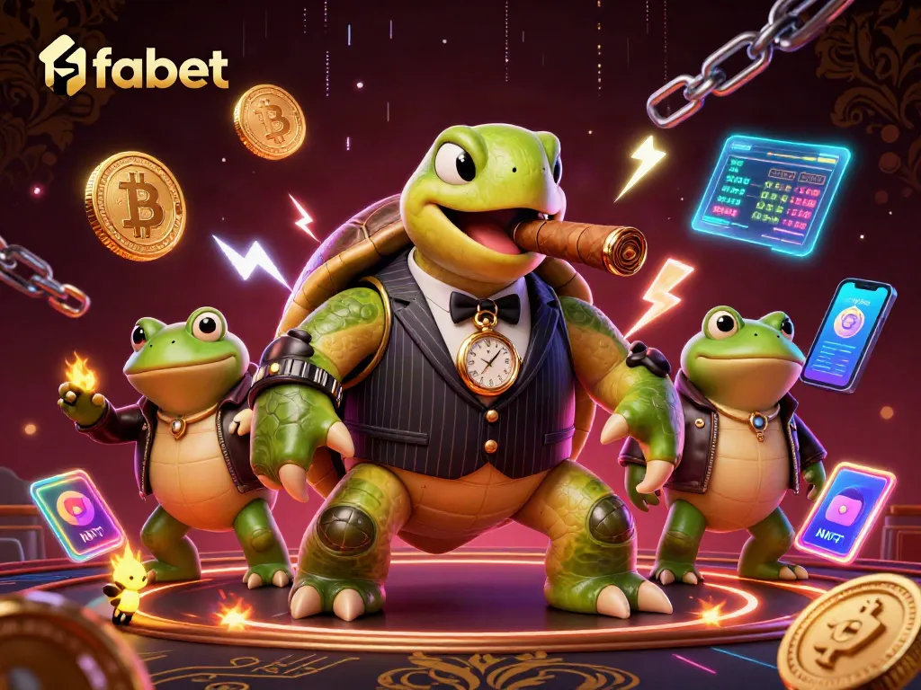 Join fabet's exciting games with a snapping turtle in a stylish suit and crypto elements.