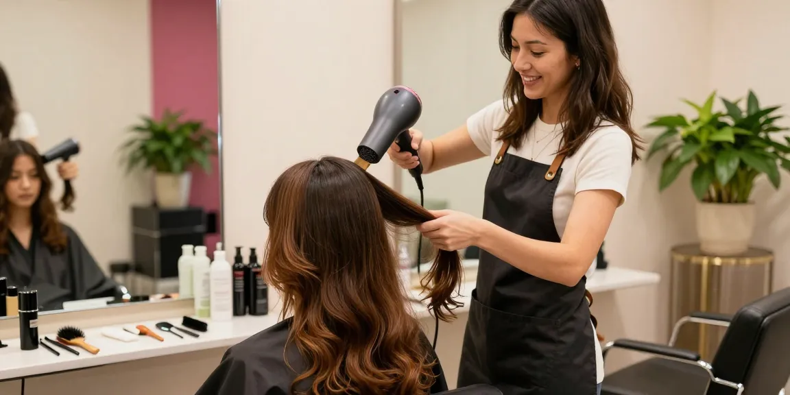 Stylist using a mini hair dryer on a client's hair in a modern beauty salon.