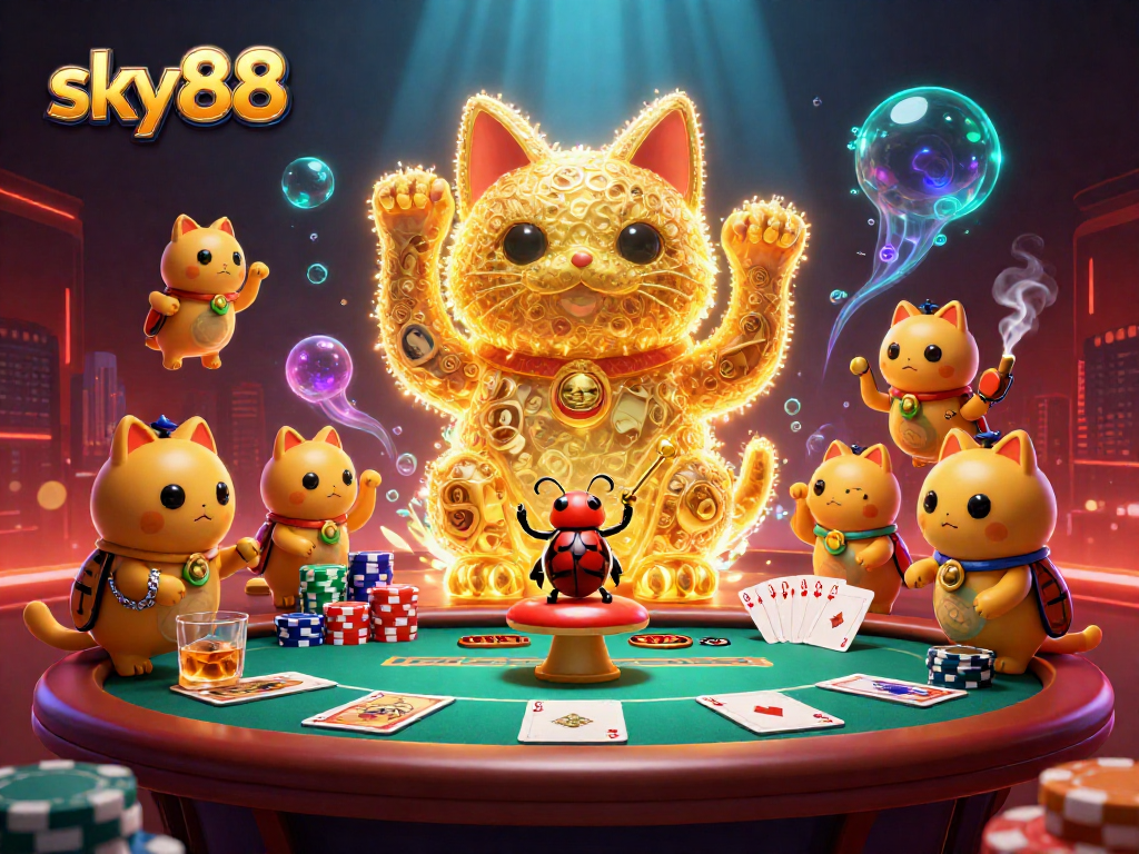 Experience sky88's vibrant casino atmosphere with a lucky cat and poker excitement.