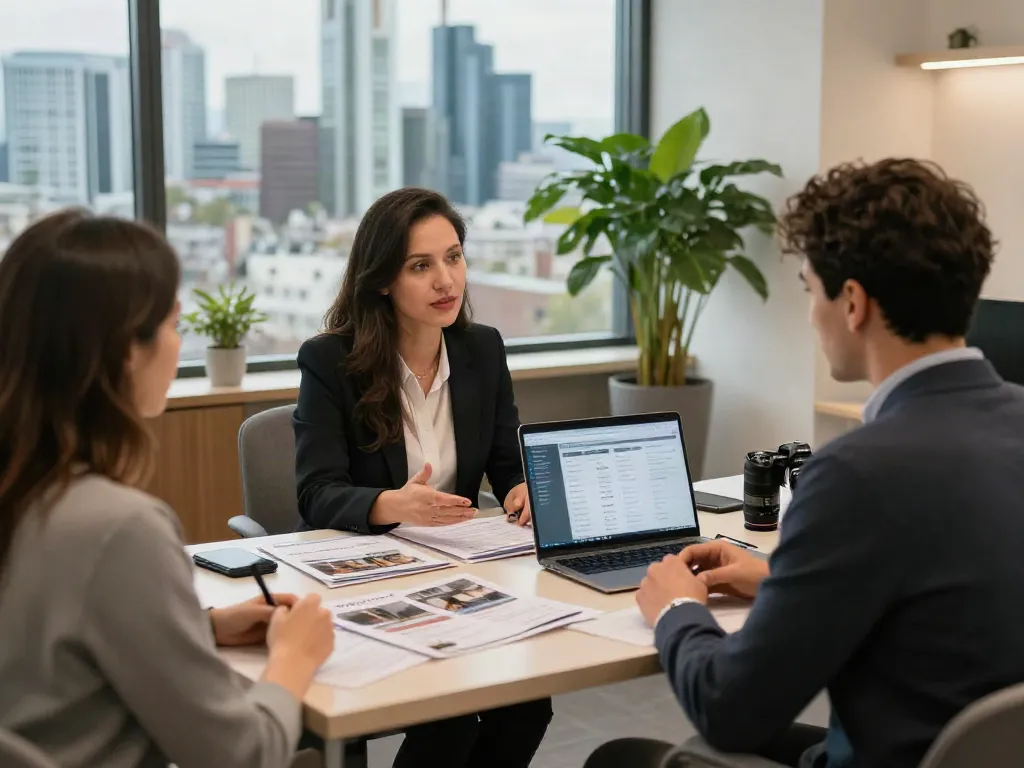 Bester Immobilienmakler Frankfurt berät Paar bei der Immobiliensuche in modernem Büro.