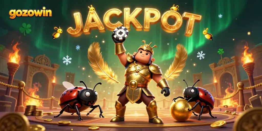 Experience thrilling moments at gozowin with a heroic beetle and jackpot celebration in vibrant casino scene
