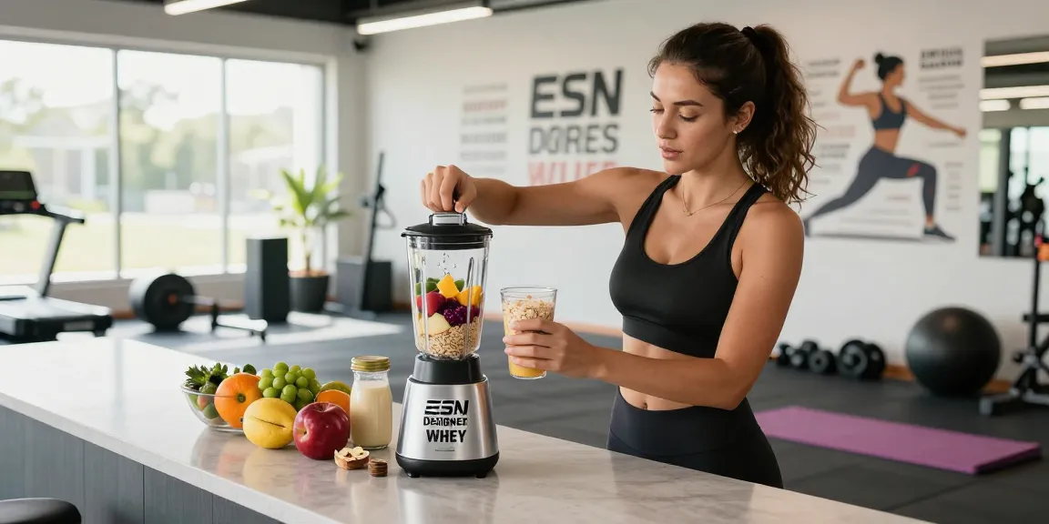ESN Designer Whey kaufen protein shake preparation in vibrant gym setting