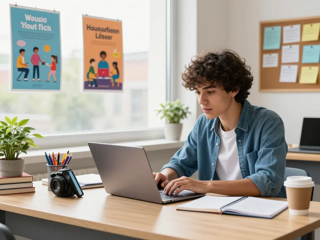 Student nutzt einen Hausaufgabenlösers online in einem hellen Studienraum mit Lernmaterialien.