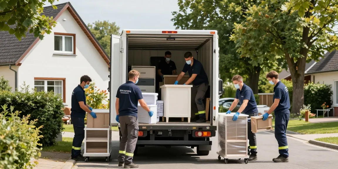 Umzugsunternehmen Darmstadt Team arbeitet professionell beim Umzug, Möbel sicher verpackt, sonniger Tag.