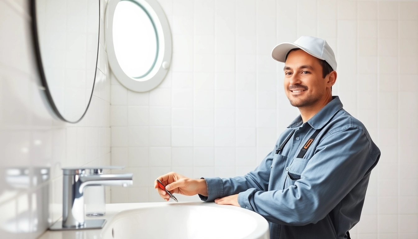 Professioneller Klempner bei der Arbeit im Sanitär Notdienst, der ein Rohr überprüft.