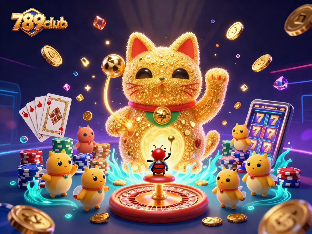 Engage with the vibrant gameplay of 789club through dazzling visuals of a lucky cat, swirling casino symbols, and stunning effects.