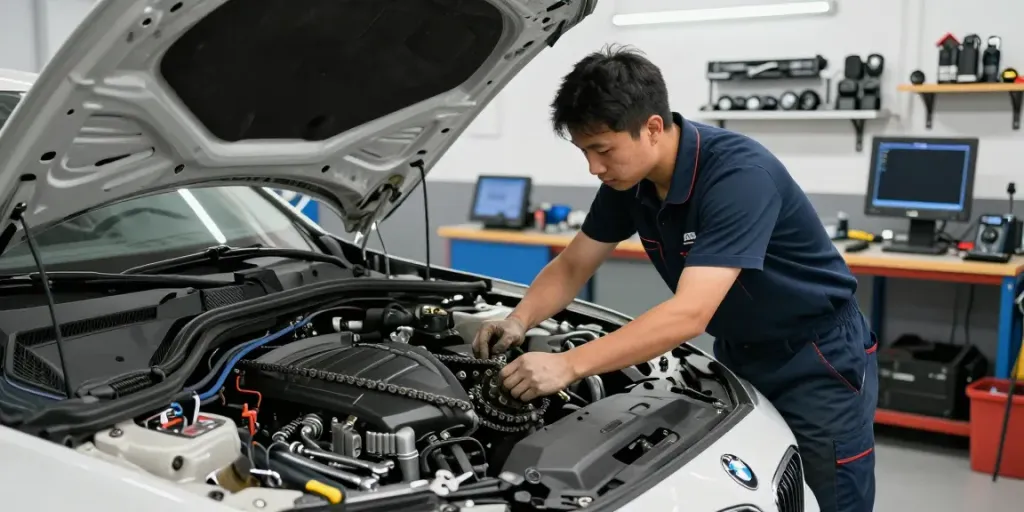 BMW Steuerkette Hannover: Mechaniker wechselt die Steuerkette in einer modernen Werkstatt.