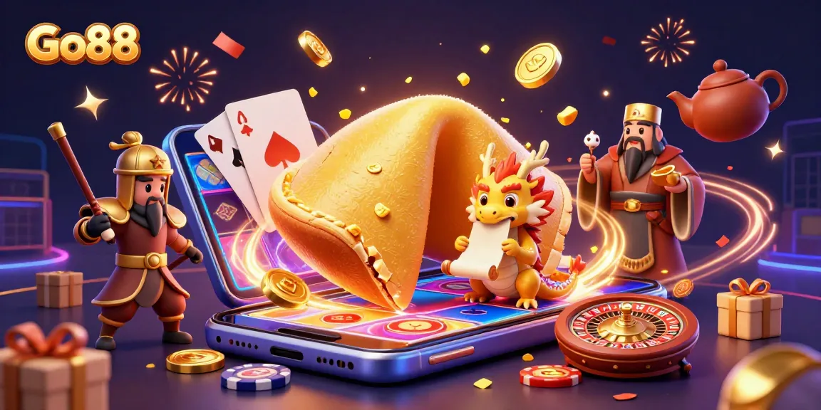 Win big at Go88 with vibrant slots, golden coins, and whimsical characters in this engaging 3D scene.
