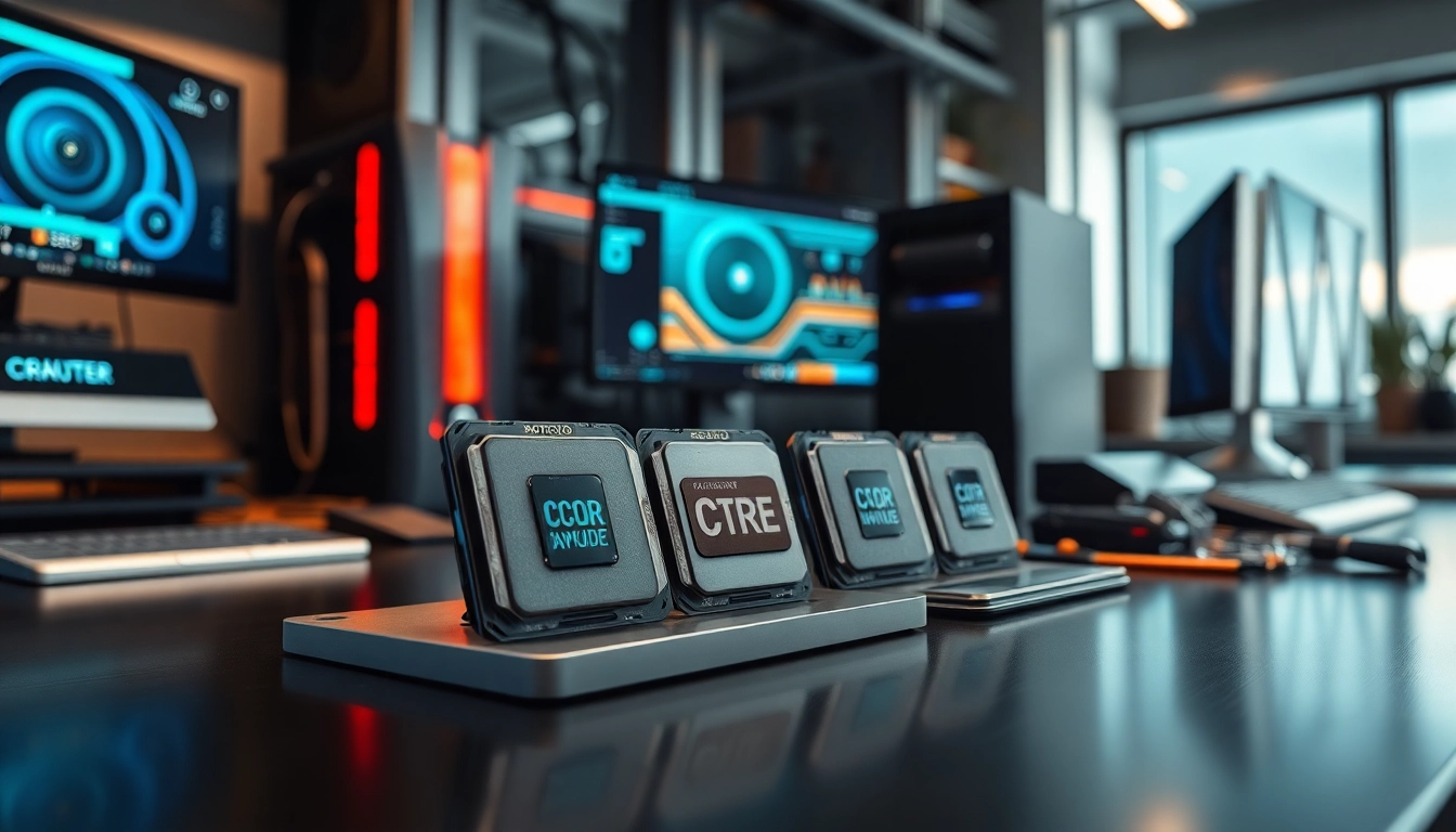 Prozessor Vergleich: Detaillierte Darstellung modernster Computerprozessoren in einem eleganten Tech-Arbeitsbereich.