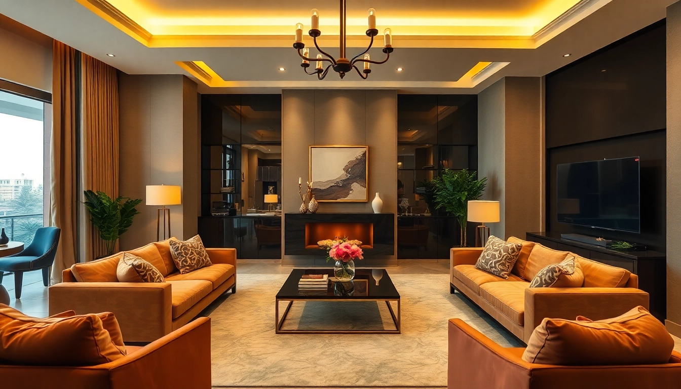 Experience luxury through a modern living room's sophisticated decor and warm atmosphere.