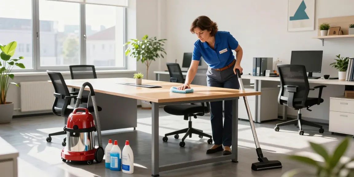 Expert cleaner performing gebaeudereinigung solothurn in a bright office, emphasizing professionalism and cleanliness.