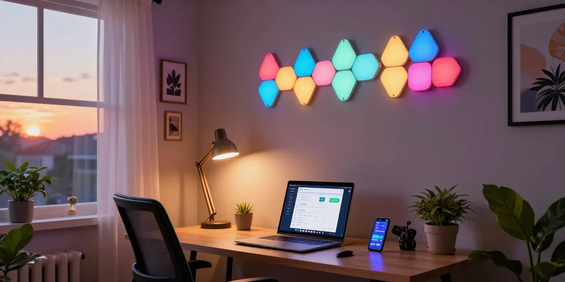 Nanoleaf Lines Test illuminating a modern home office with vibrant RGB lighting.