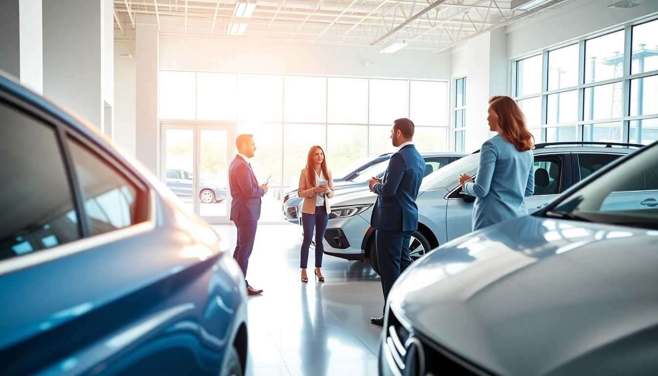 Autoankauf Prozess in einem modernen Autohaus mit freundlichen Beratern und zufriedenen Kunden.